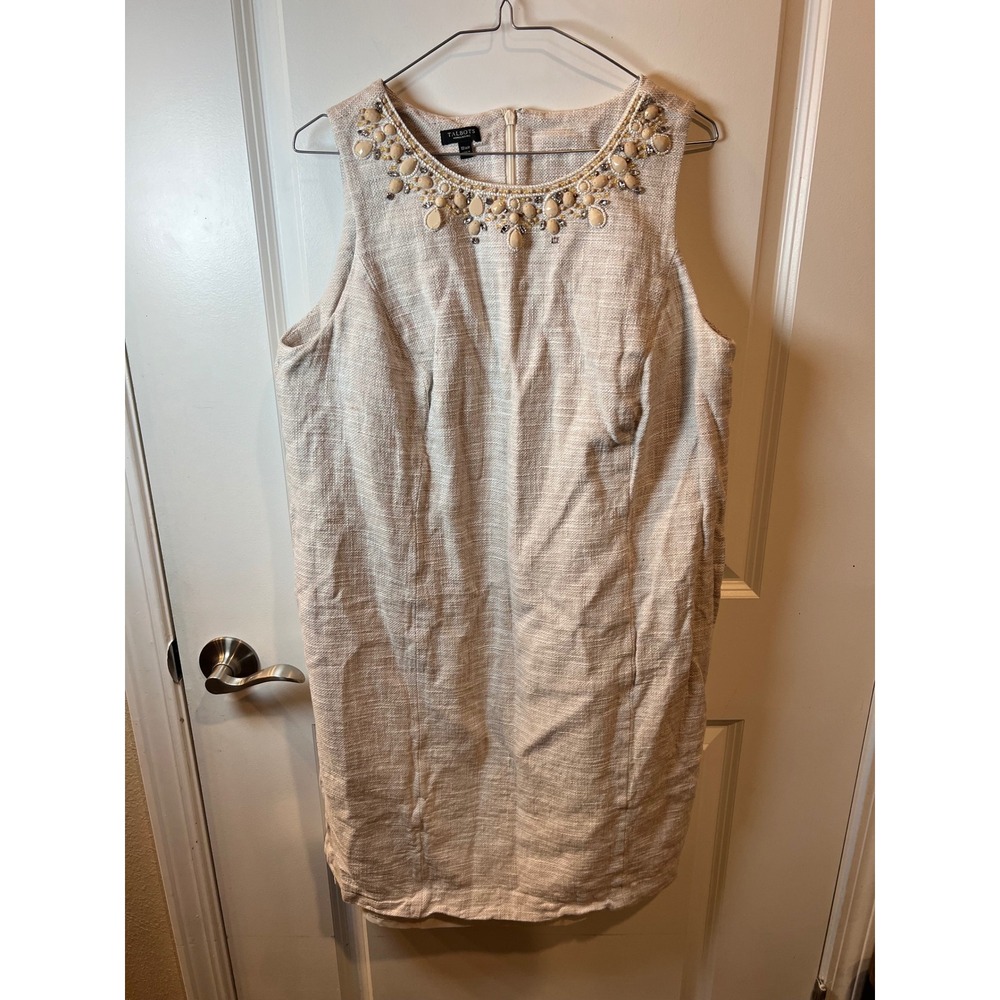 Talbots Womens Sheath Dress Embellished Neckline Oatmeal Beige 18WP